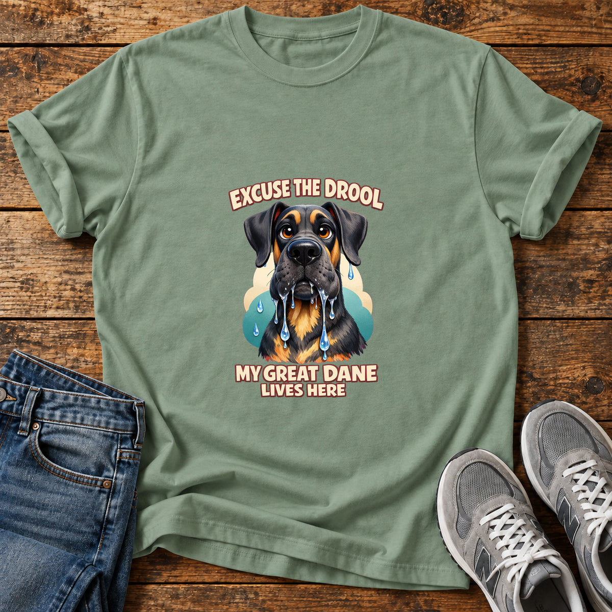 Excuse The Drool Great Dane graphic T-shirt in Sage, shown on a flat-lay shirt mockup