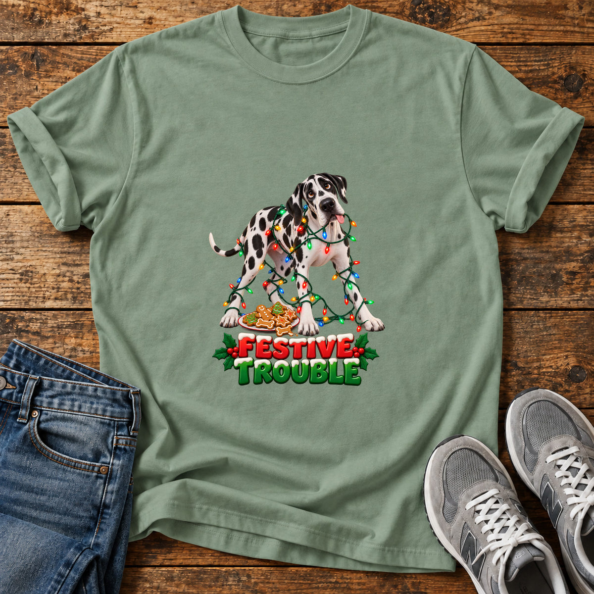 Festive Trouble Great Dane graphic T-shirt in Sage, shown on a flat-lay shirt mockup