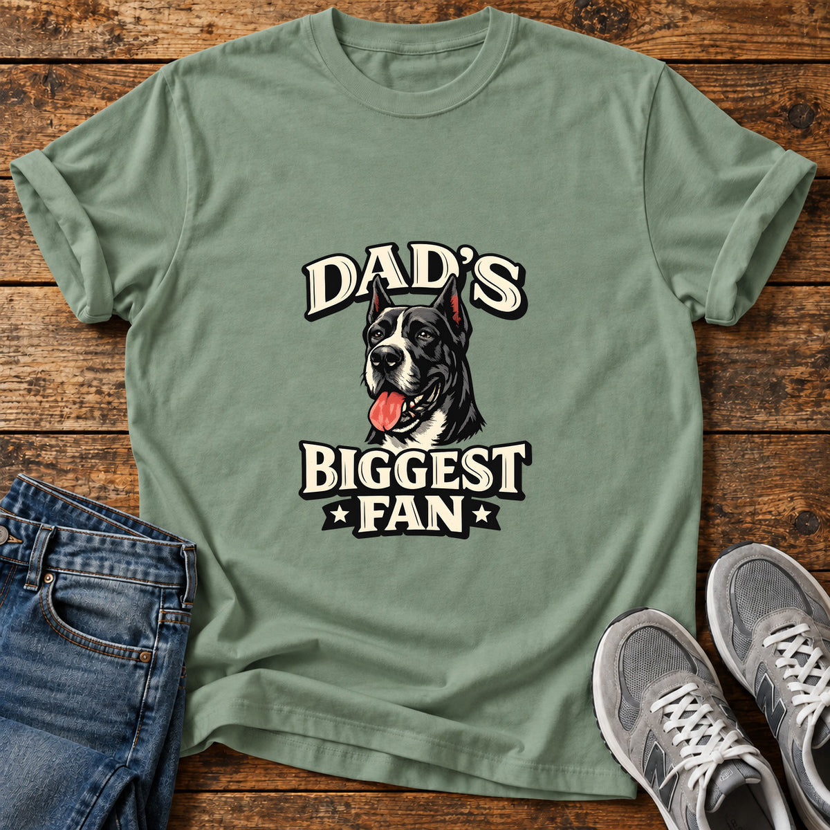 Dad's Biggest Fan Great Dane graphic T-shirt in Sage, shown on a flat-lay shirt mockup