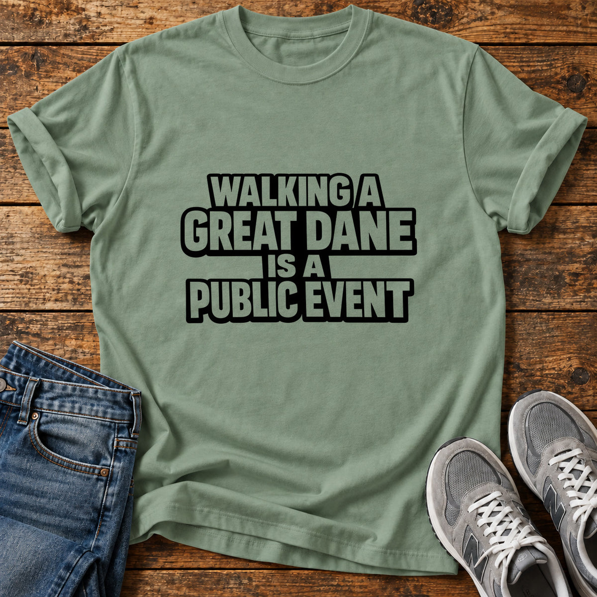 Great Dane Event graphic T-shirt in Sage, shown on a flat-lay shirt mockup