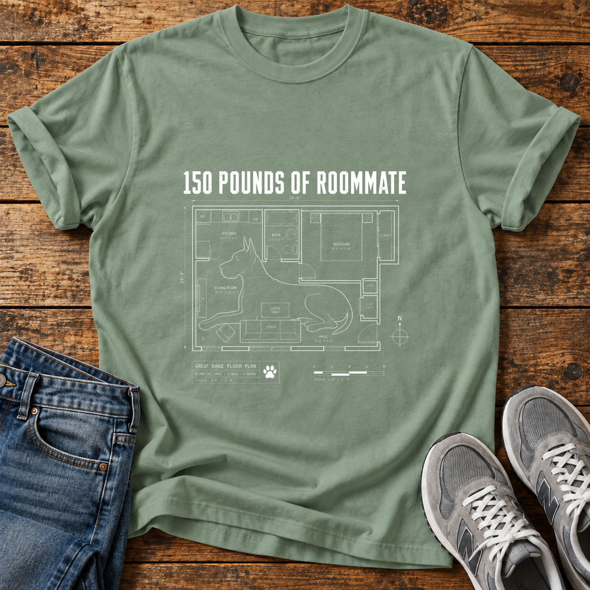 150 Pounds Roommate Great Dane graphic T-shirt in Sage, shown on a flat-lay shirt mockup