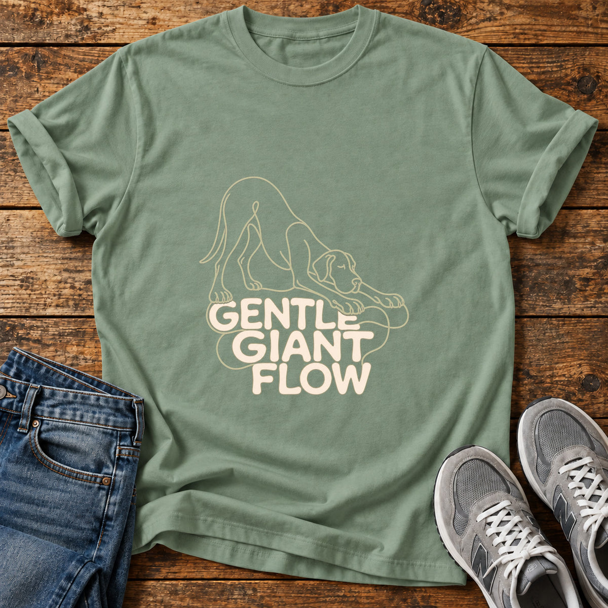 Gentle Giant Flow Great Dane graphic T-shirt in Sage, shown on a flat-lay shirt mockup
