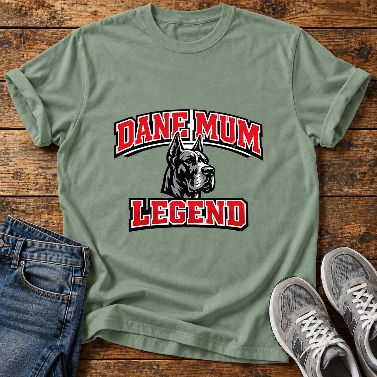 Dane Mum Legend Great Dane graphic T-shirt in Sage, shown on a flat-lay shirt mockup