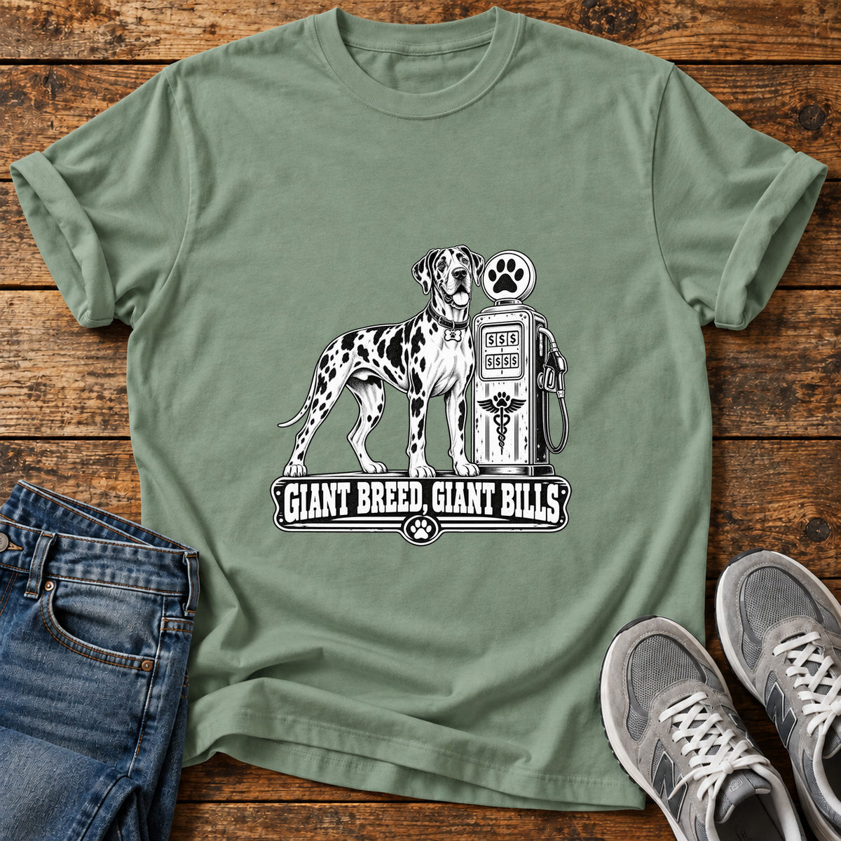Giant Breed Bills Great Dane graphic T-shirt in Sage, shown on a flat-lay shirt mockup