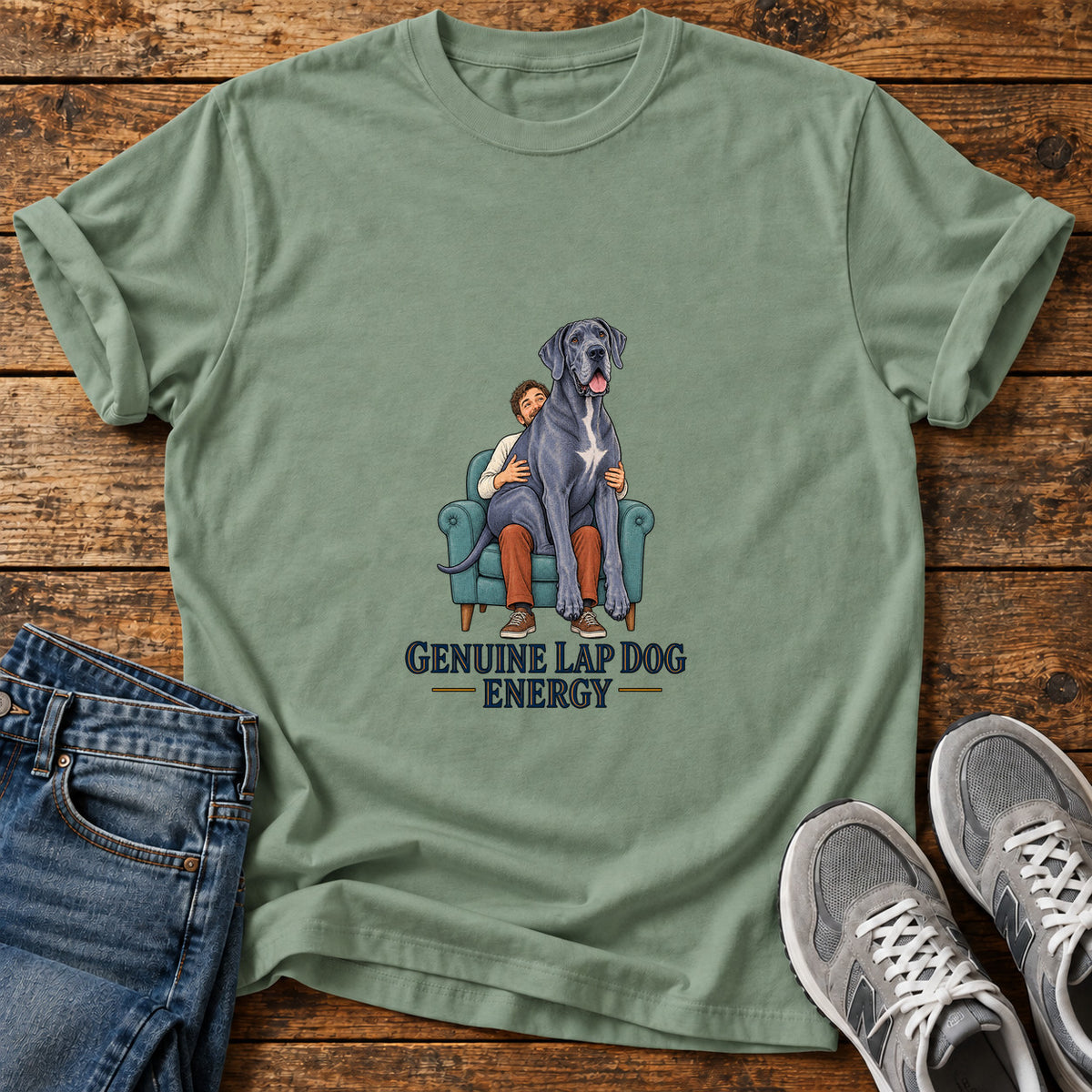 Genuine Lap Energy Great Dane graphic T-shirt in Sage, shown on a flat-lay shirt mockup