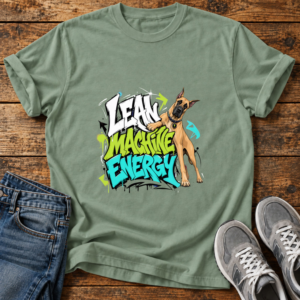 Lean Machine Energy Great Dane graphic T-shirt in Sage, shown on a flat-lay shirt mockup
