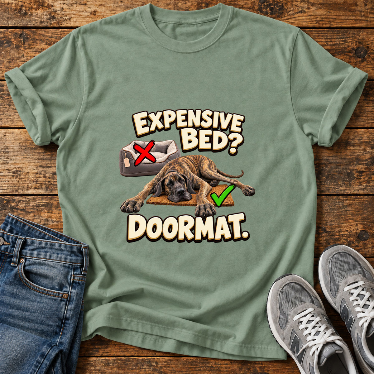 Expensive Bed Doormat Great Dane graphic T-shirt in Sage, shown on a flat-lay shirt mockup
