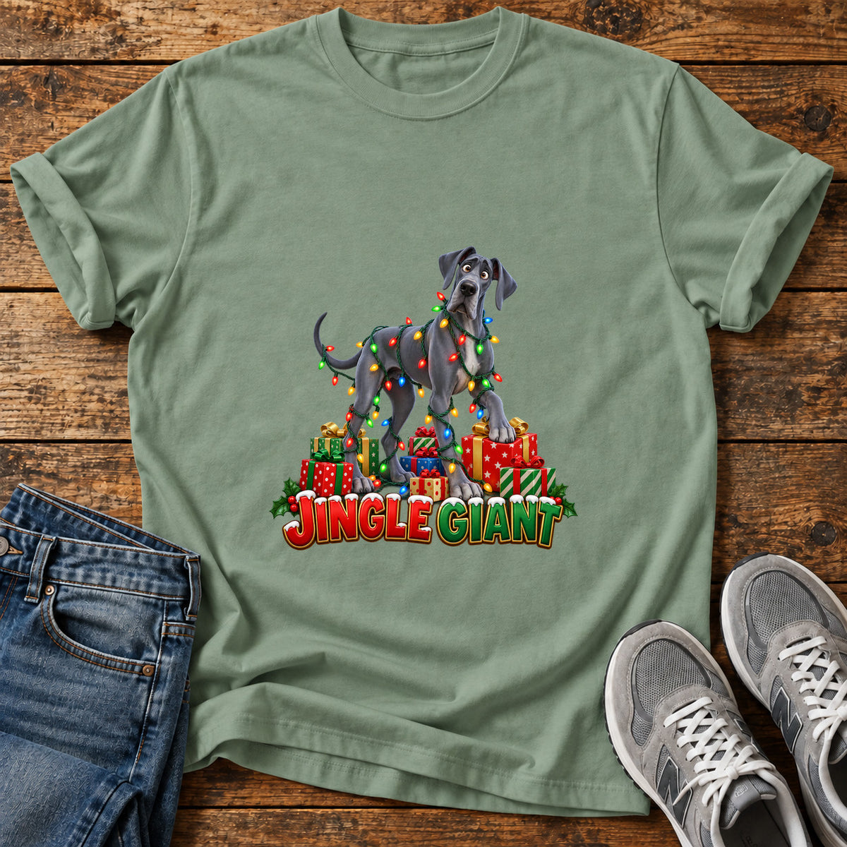 Jingle Giant Great Dane graphic T-shirt in Sage, shown on a flat-lay shirt mockup