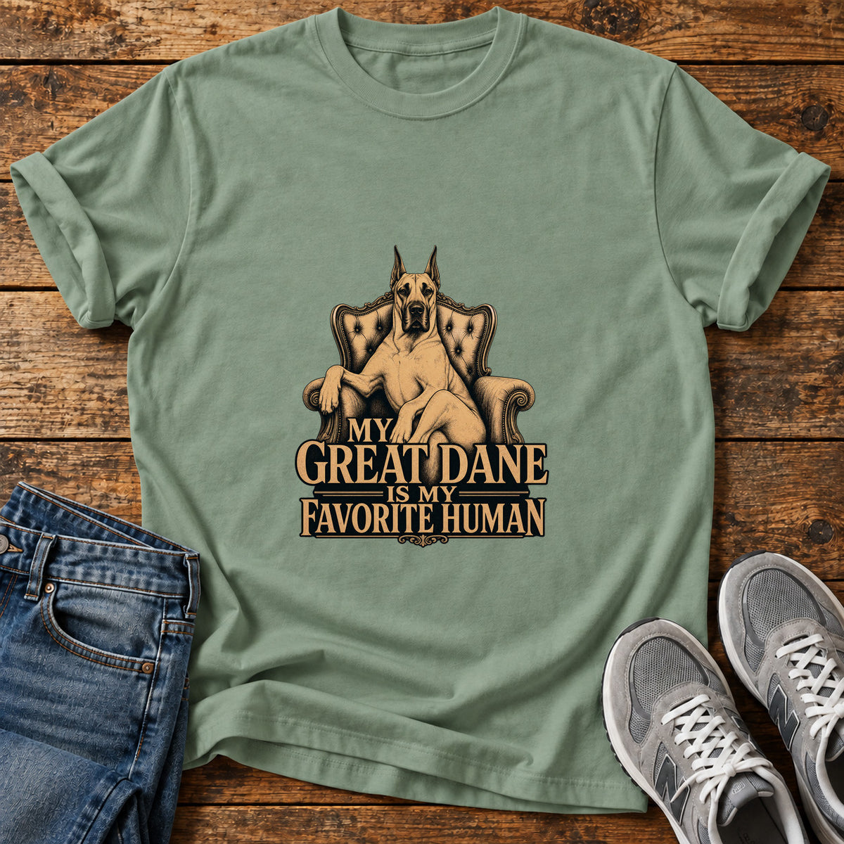 Great Dane Favorite graphic T-shirt in Sage, shown on a flat-lay shirt mockup