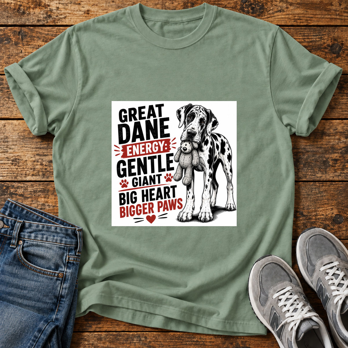 Great Dane Energy graphic T-shirt in Sage, shown on a flat-lay shirt mockup