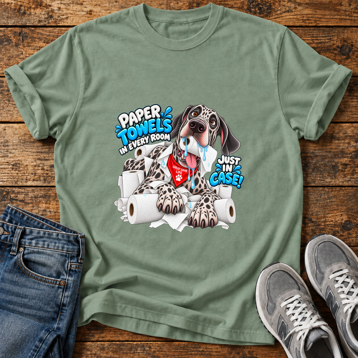 Paper Towels Pooch Great Dane graphic T-shirt in Sage, shown on a flat-lay shirt mockup