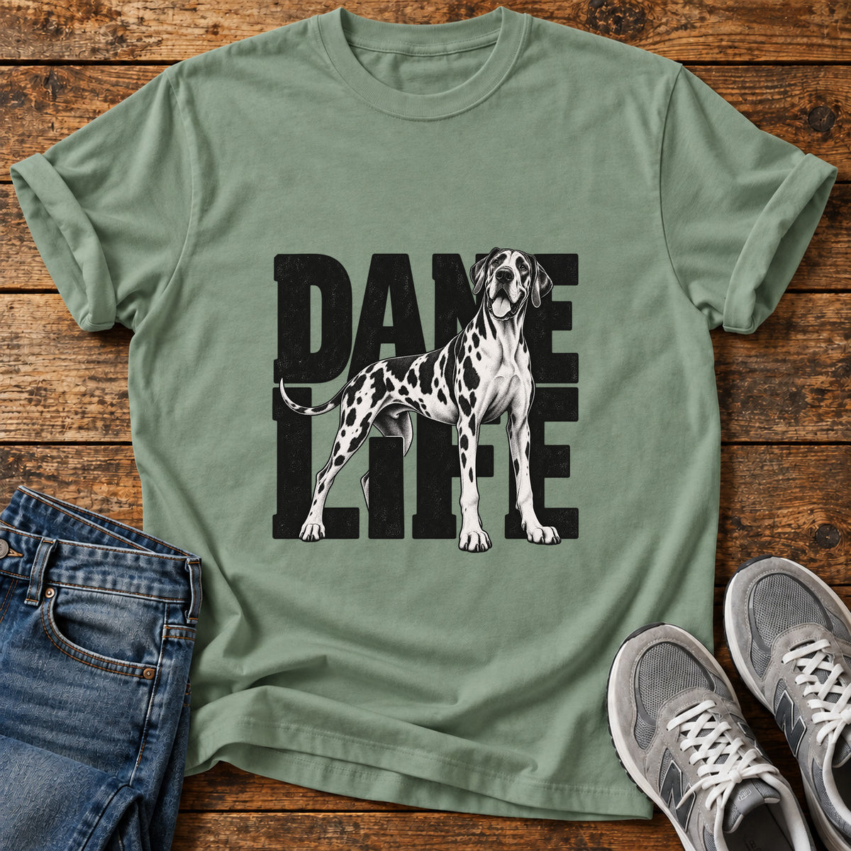 Dane Life Great Dane graphic T-shirt in Sage, shown on a flat-lay shirt mockup