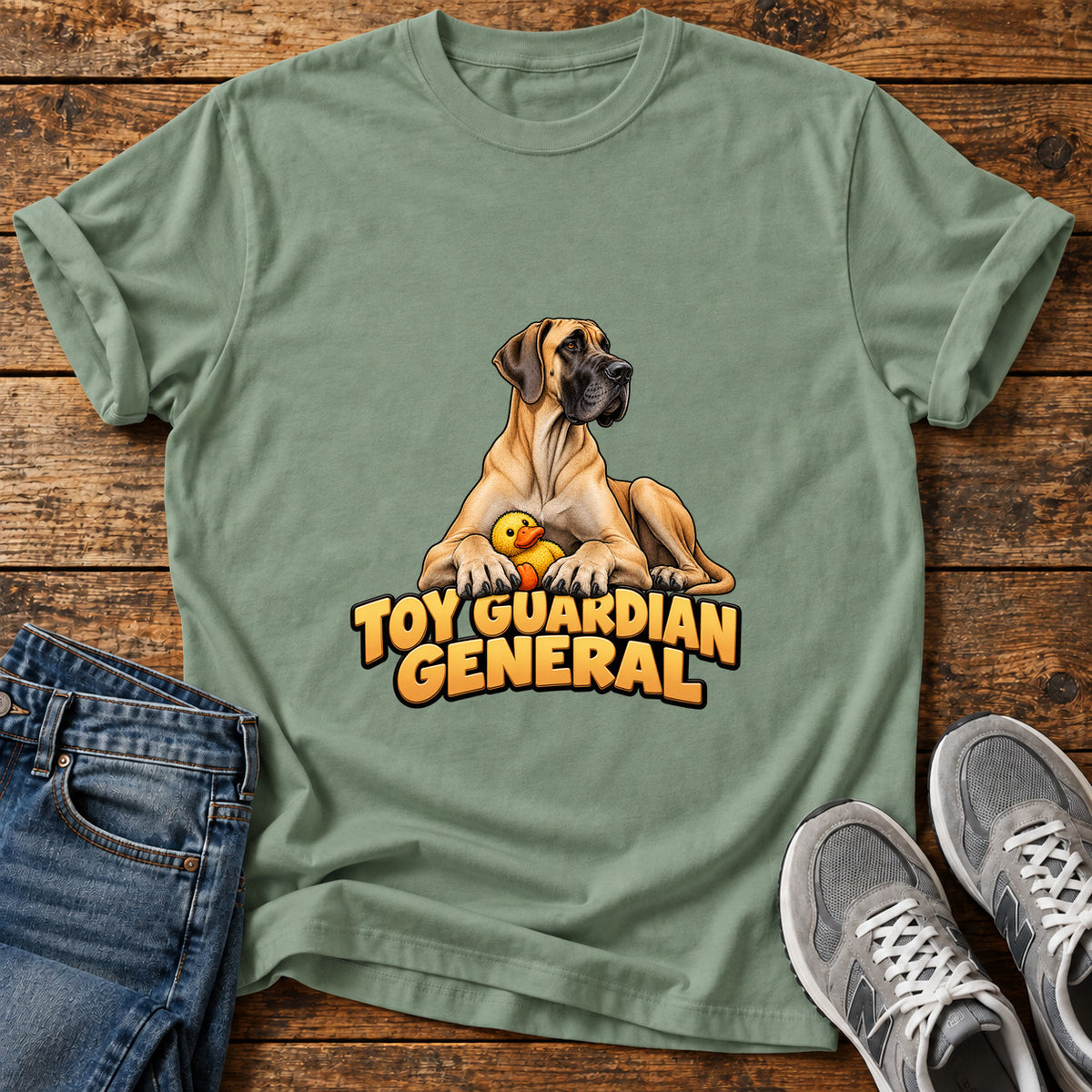 Toy Guardian General Great Dane graphic T-shirt in Sage, shown on a flat-lay shirt mockup