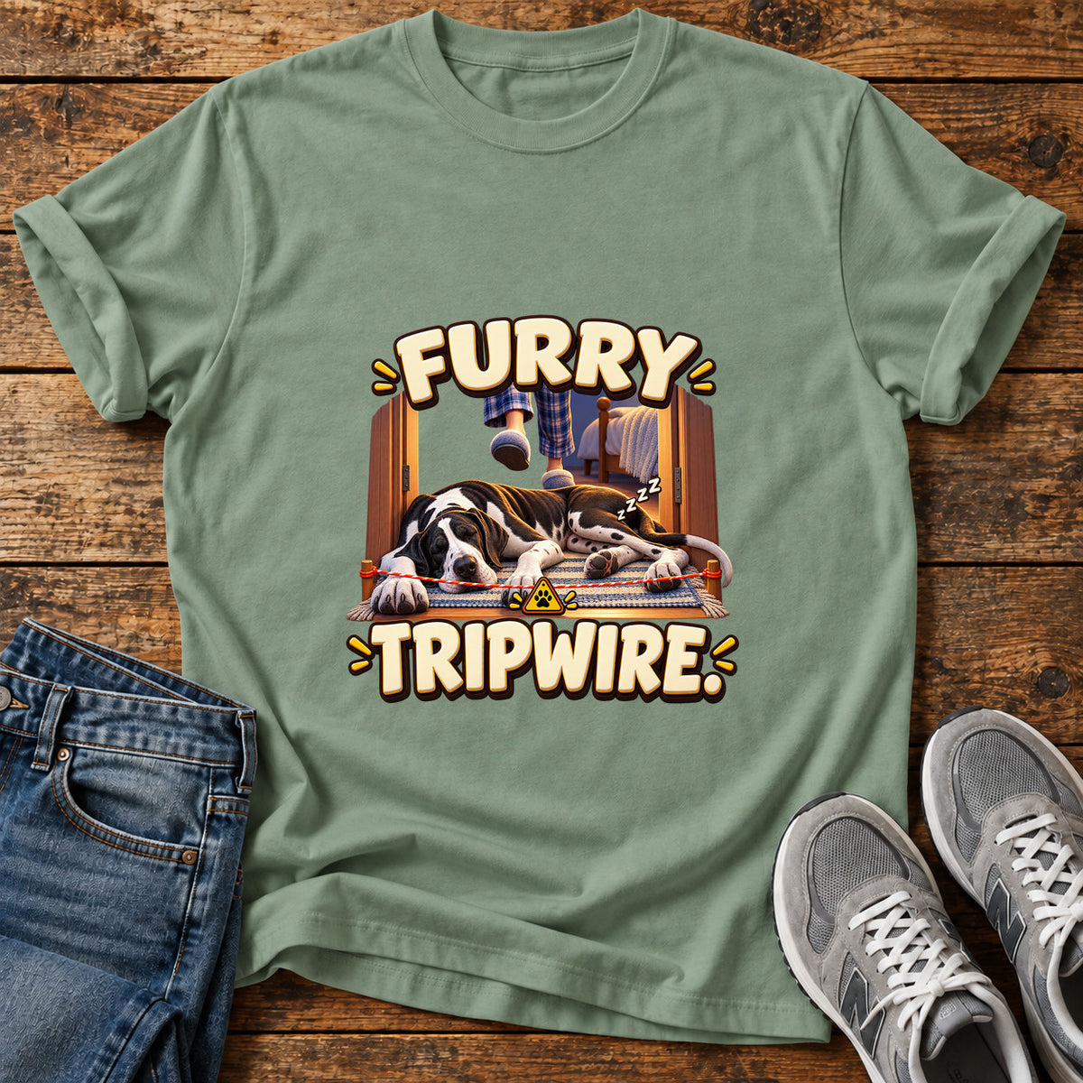 Furry Tripwire Great Dane graphic T-shirt in Sage, shown on a flat-lay shirt mockup