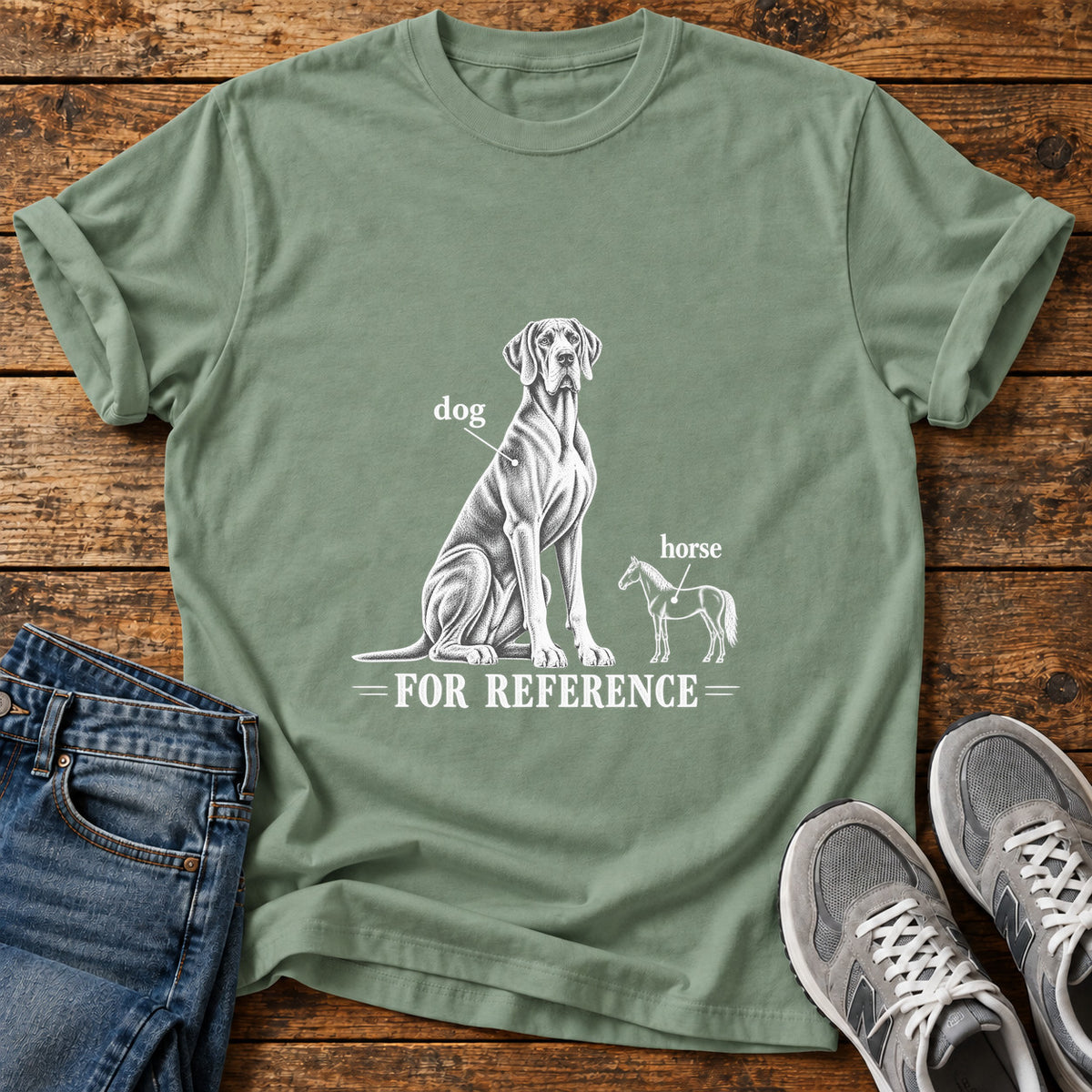 Dog Reference Great Dane graphic T-shirt in Sage, shown on a flat-lay shirt mockup