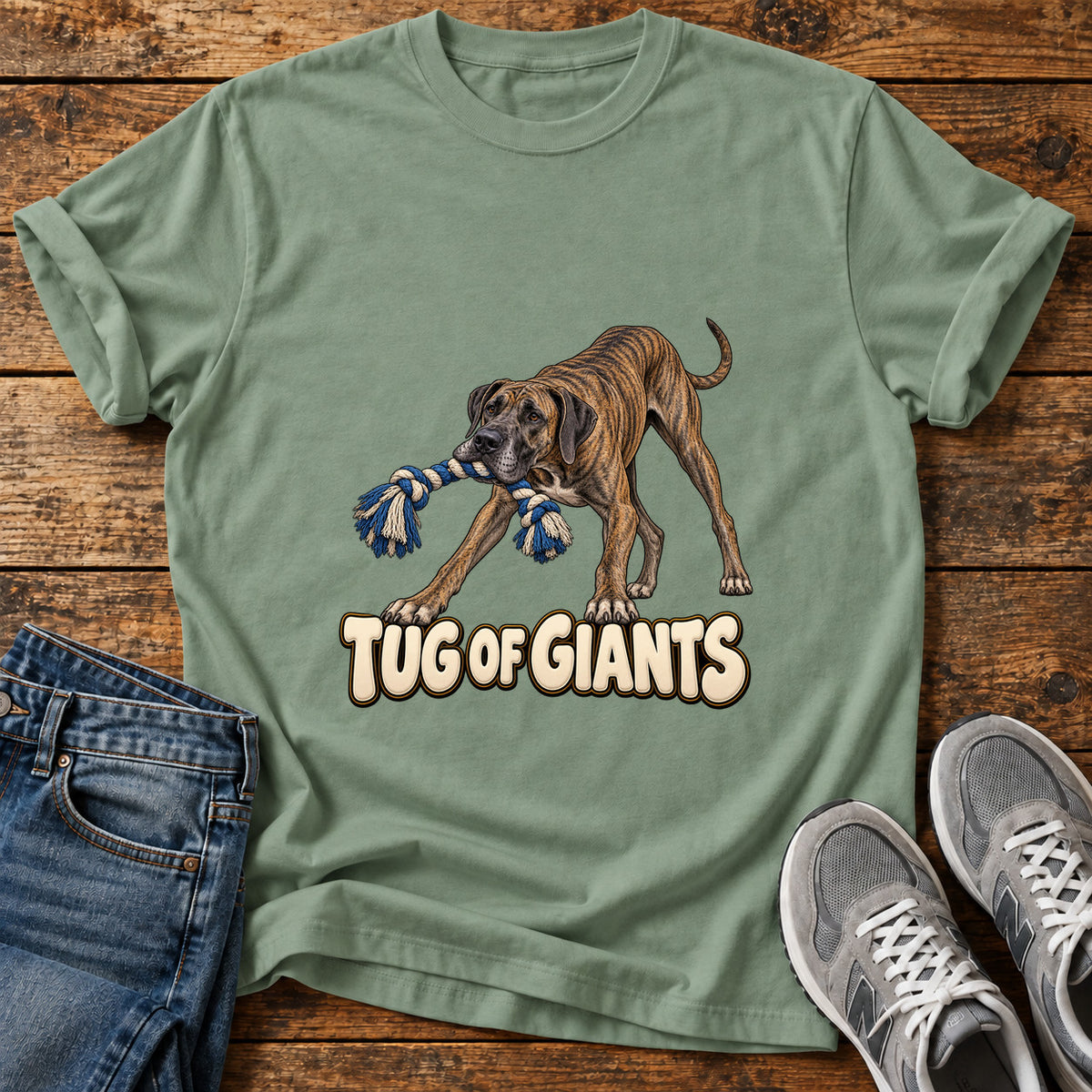 Tug of Giants Great Dane graphic T-shirt in Sage, shown on a flat-lay shirt mockup