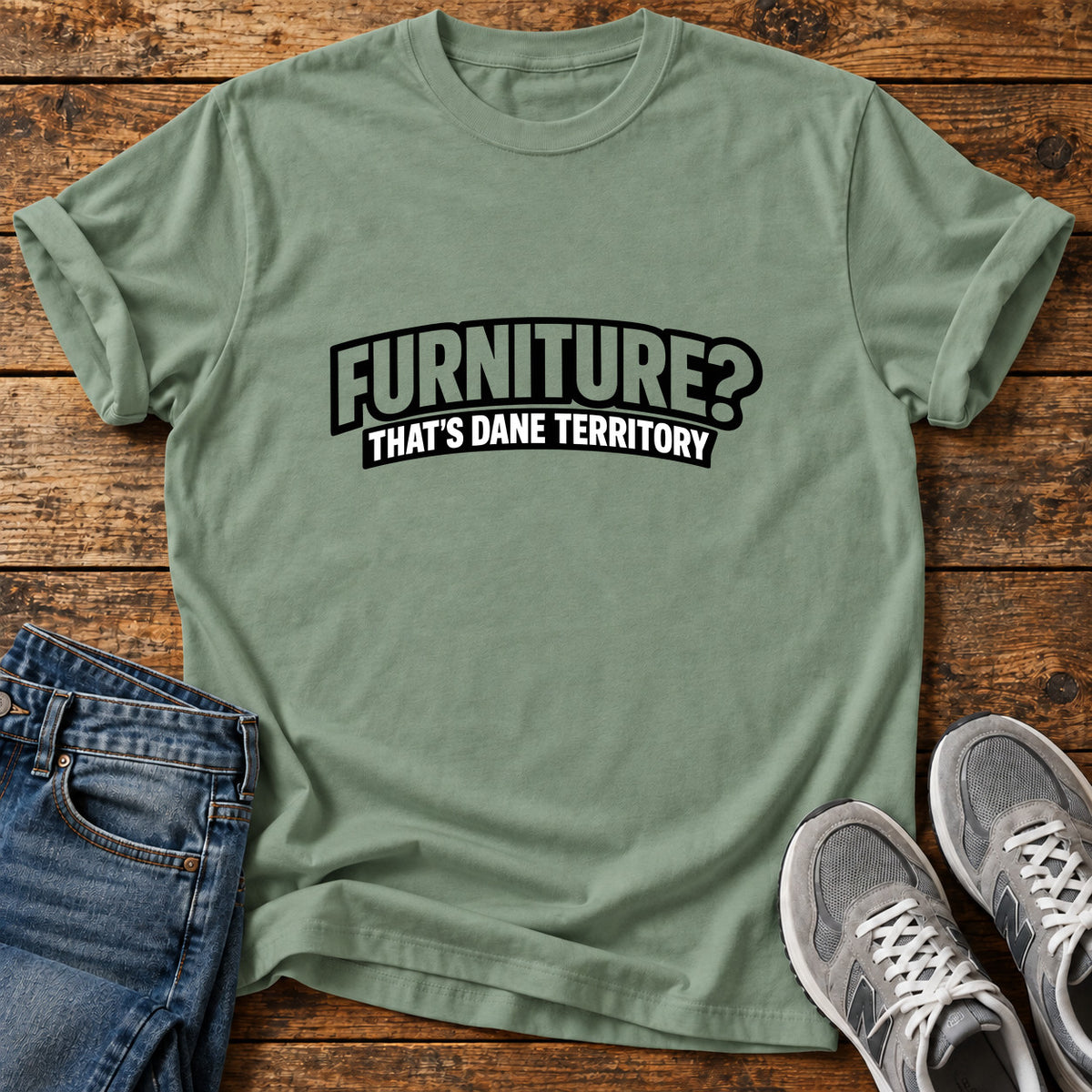 Furniture Dane Territory Great Dane graphic T-shirt in Sage, shown on a flat-lay shirt mockup