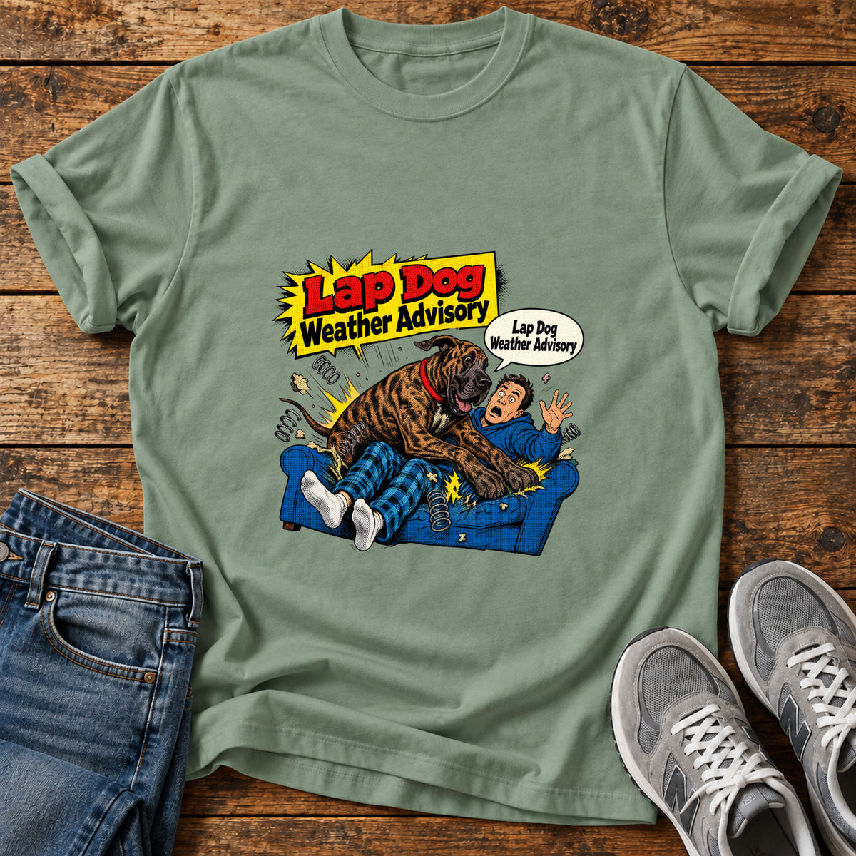 Lap Dog Advisory Great Dane graphic T-shirt in Sage, shown on a flat-lay shirt mockup