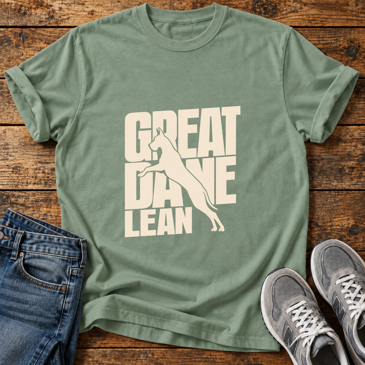 Great Dane Lean graphic T-shirt in Sage, shown on a flat-lay shirt mockup
