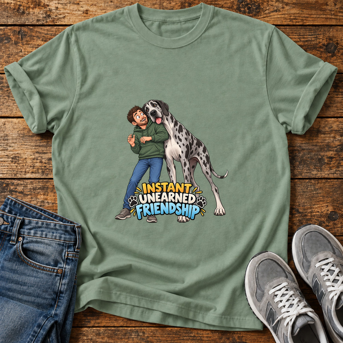 Instant Friendship Great Dane graphic T-shirt in Sage, shown on a flat-lay shirt mockup