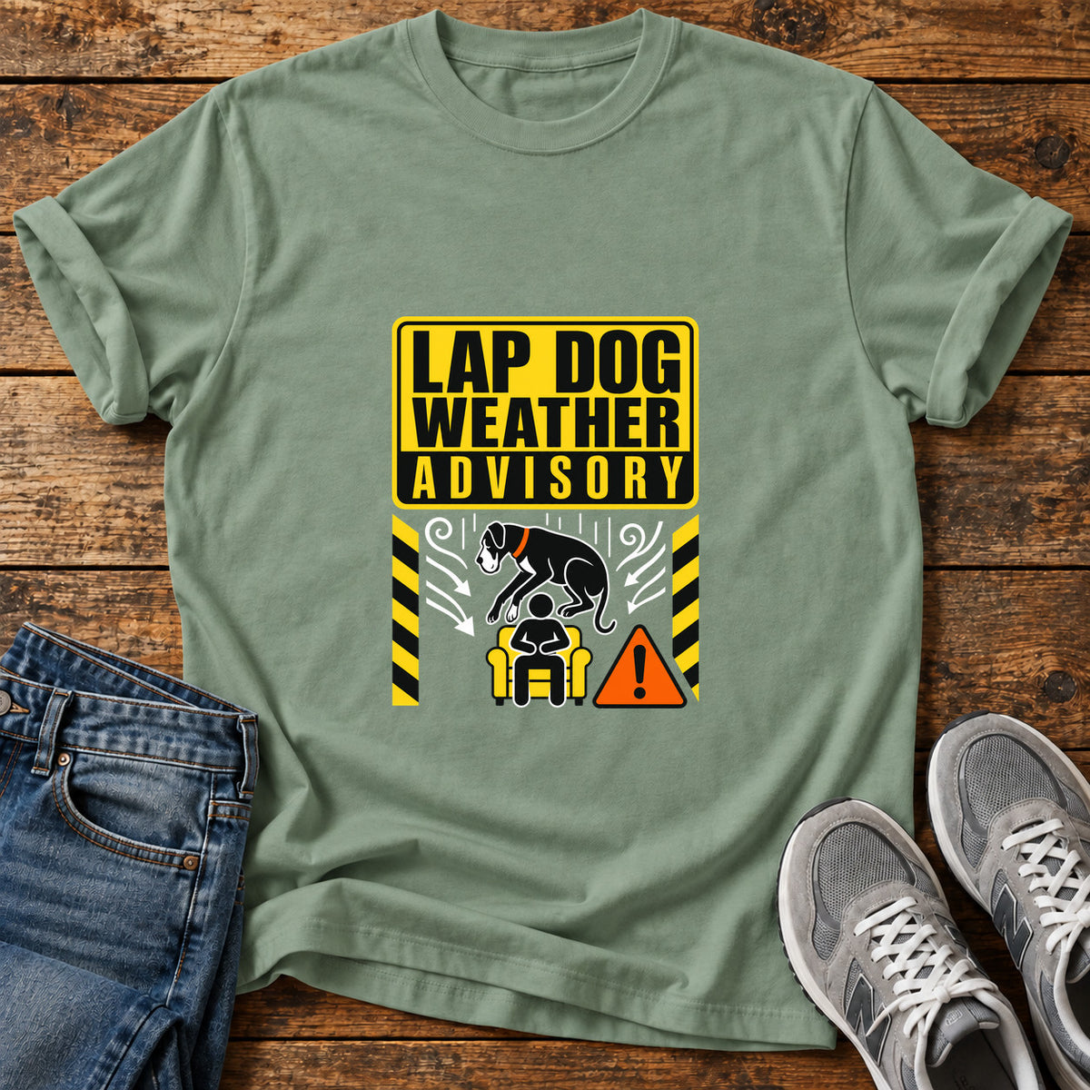 Lap Dog Advisory Great Dane graphic T-shirt in Sage, shown on a flat-lay shirt mockup