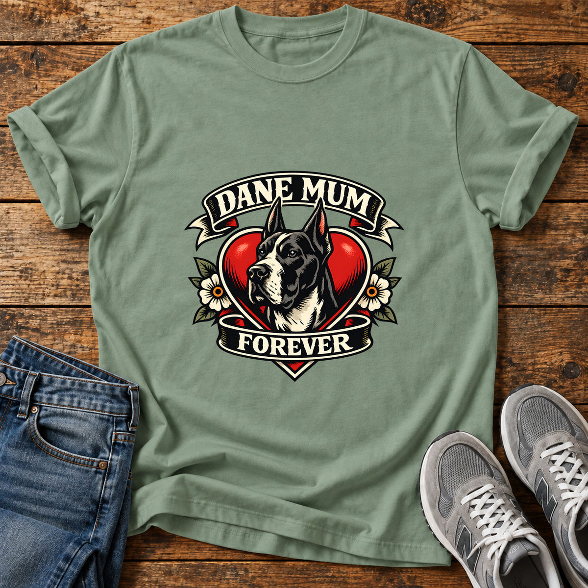 Dane Mum Forever Great Dane graphic T-shirt in Sage, shown on a flat-lay shirt mockup