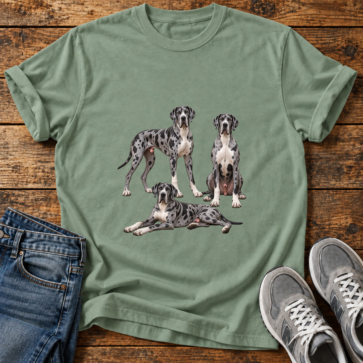 Great Dane Trio graphic T-shirt in Sage, shown on a flat-lay shirt mockup