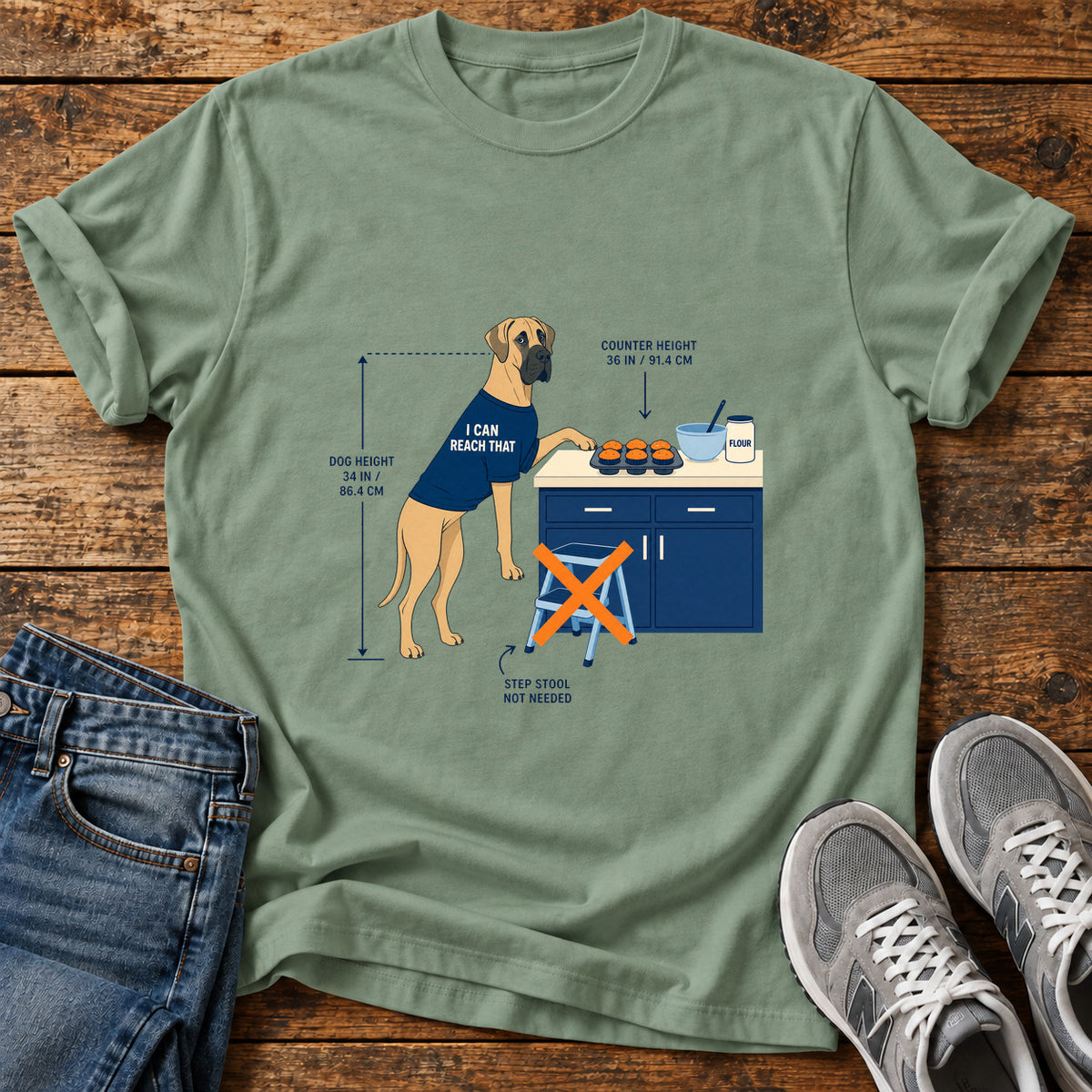 I Can Reach Great Dane graphic T-shirt in Sage, shown on a flat-lay shirt mockup