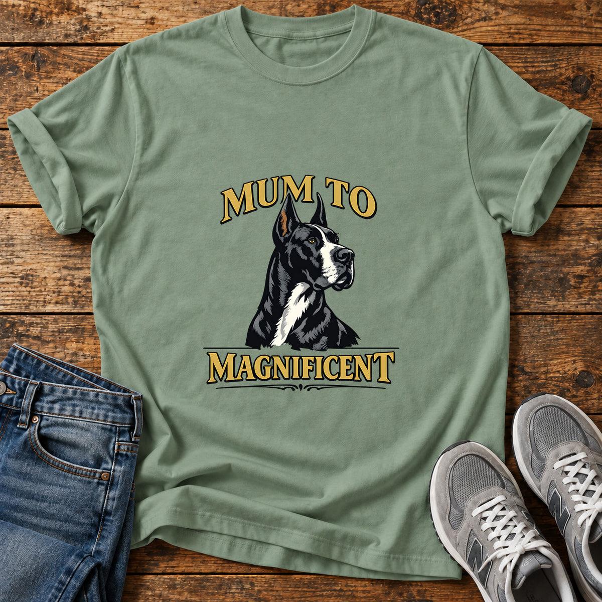 Mum To Magnificent Great Dane graphic T-shirt in Sage, shown on a flat-lay shirt mockup