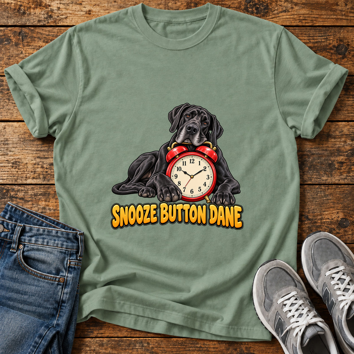 Snooze Button Dane Great Dane graphic T-shirt in Sage, shown on a flat-lay shirt mockup