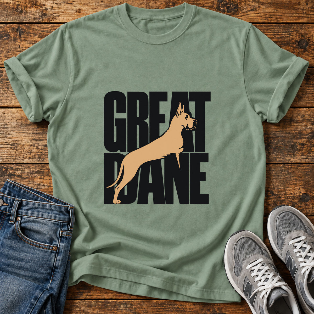 Great Dane Elegance graphic T-shirt in Sage, shown on a flat-lay shirt mockup