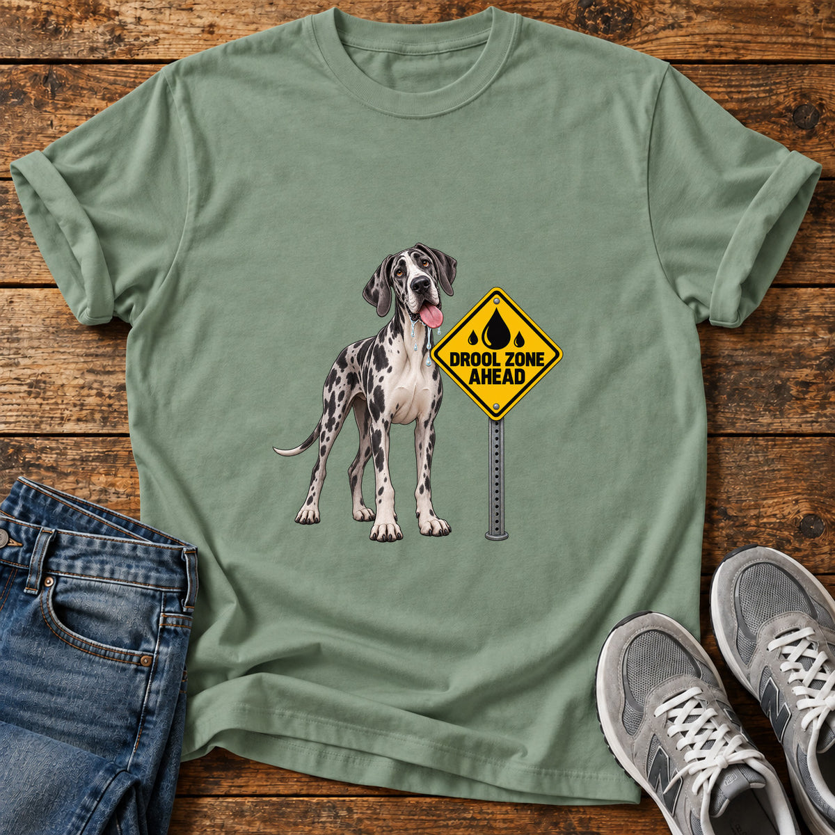 Drool Zone Ahead Great Dane graphic T-shirt in Sage, shown on a flat-lay shirt mockup