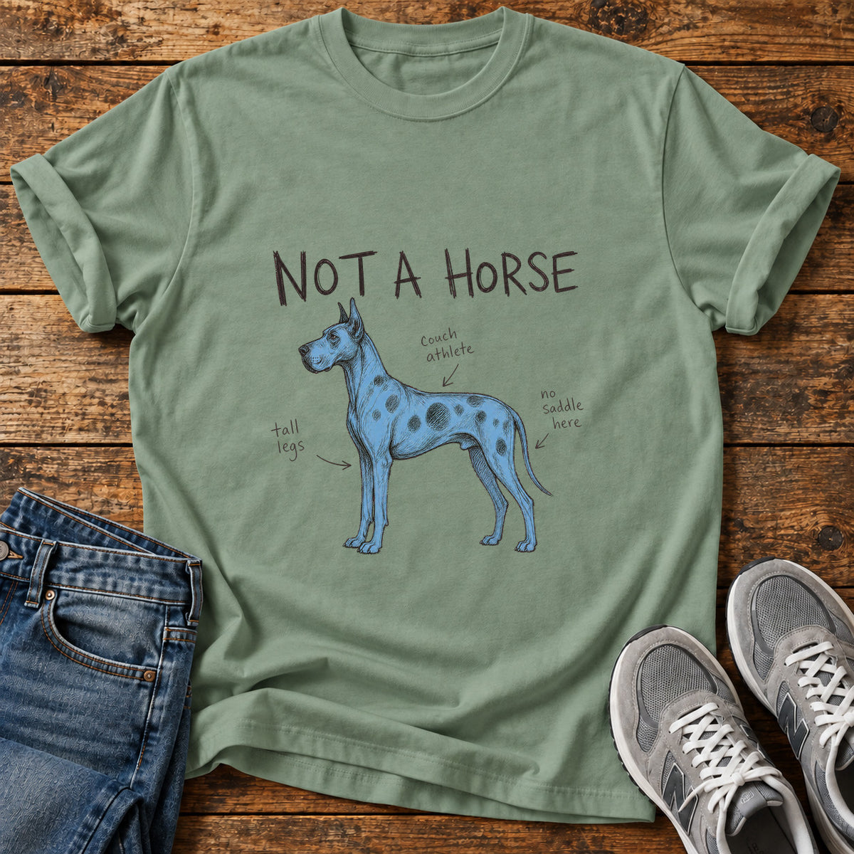 Not a Horse Great Dane graphic T-shirt in Sage, shown on a flat-lay shirt mockup