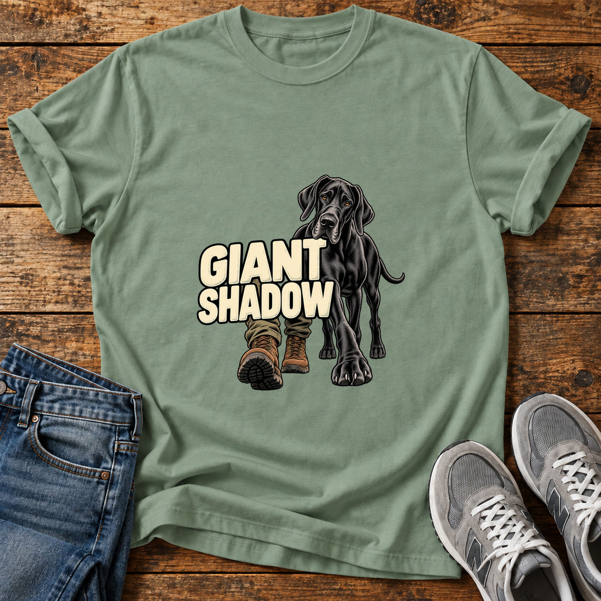 Giant Shadow Great Dane graphic T-shirt in Sage, shown on a flat-lay shirt mockup