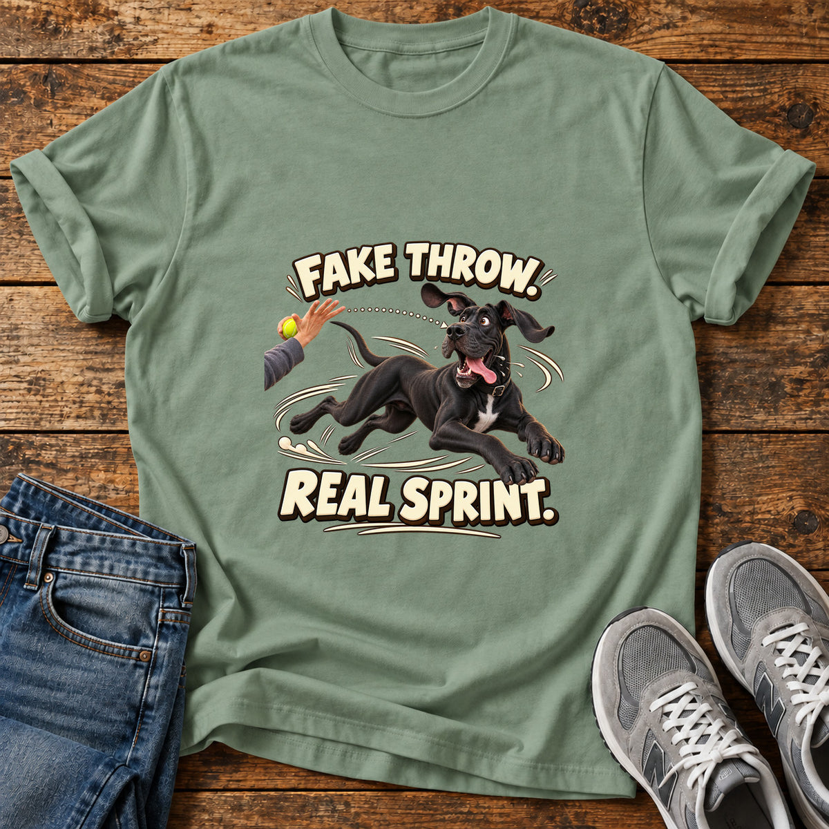 Fake Throw Sprint Great Dane graphic T-shirt in Sage, shown on a flat-lay shirt mockup