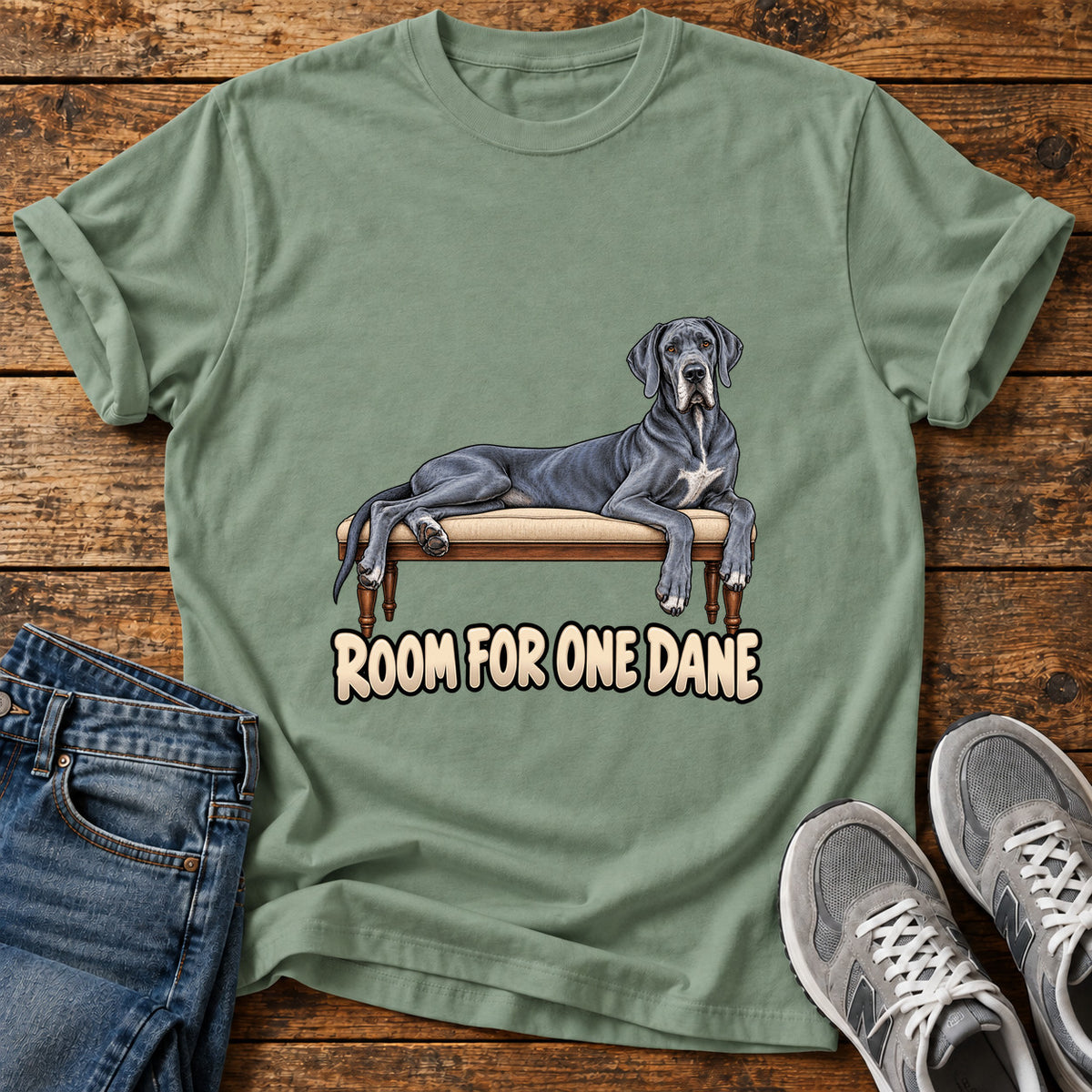 Room For Dane Great Dane graphic T-shirt in Sage, shown on a flat-lay shirt mockup