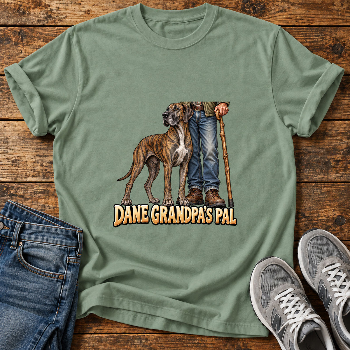 Dane Grandpa's Pal Great Dane graphic T-shirt in Sage, shown on a flat-lay shirt mockup