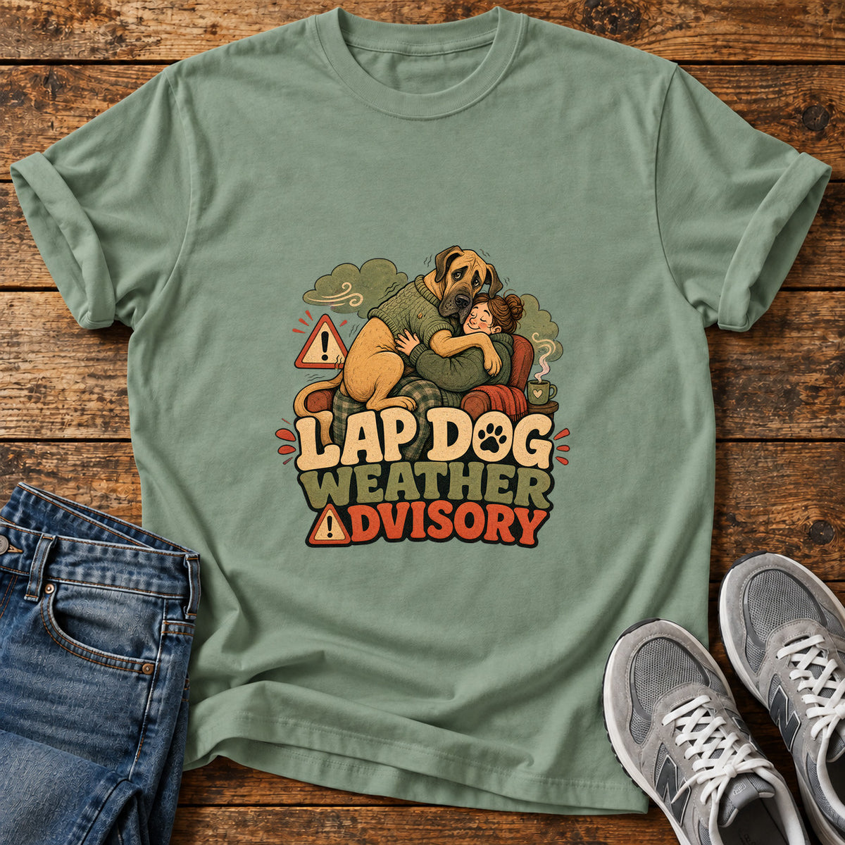 Lap Dog Advisory Great Dane graphic T-shirt in Sage, shown on a flat-lay shirt mockup