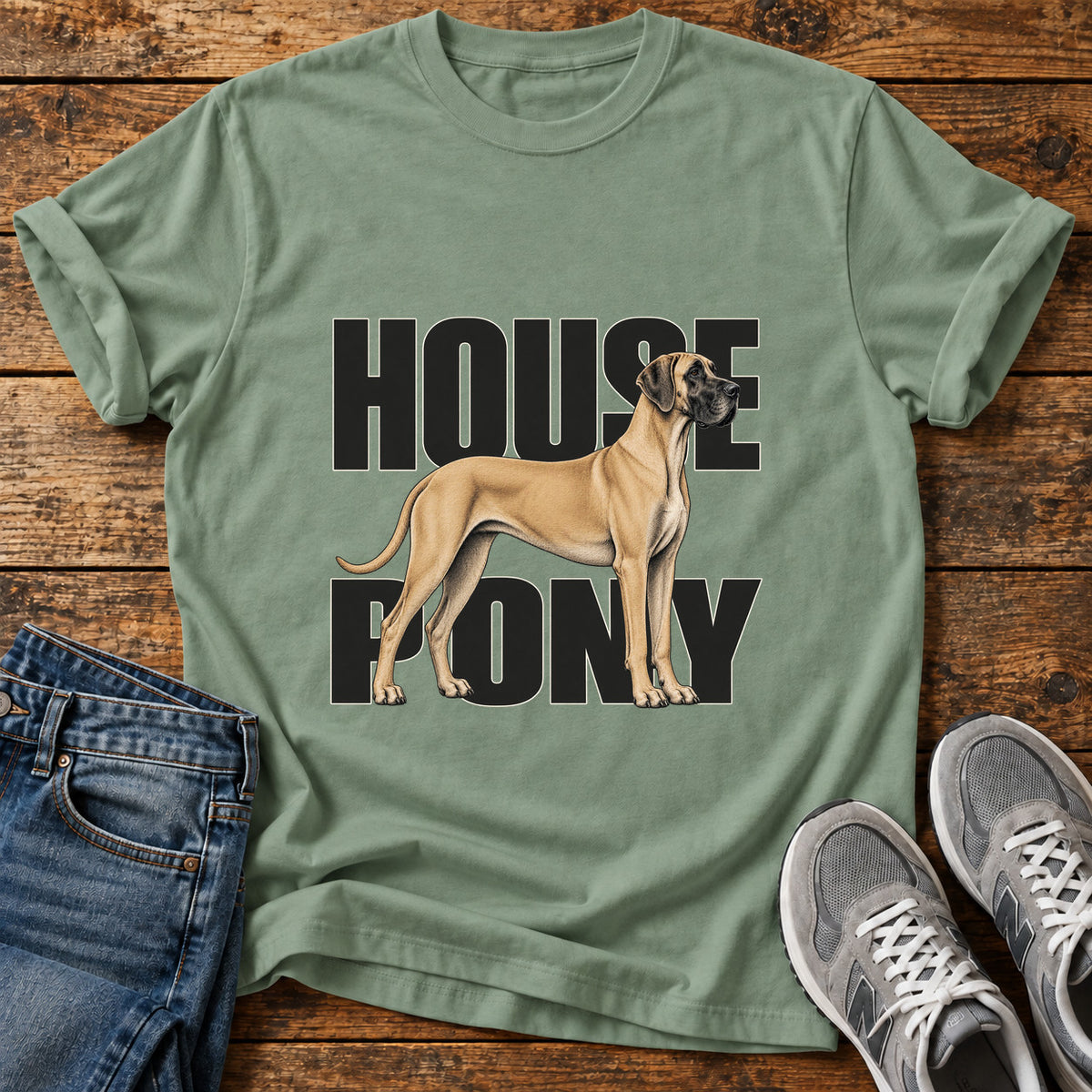 House Pony Great Dane graphic T-shirt in Sage, shown on a flat-lay shirt mockup