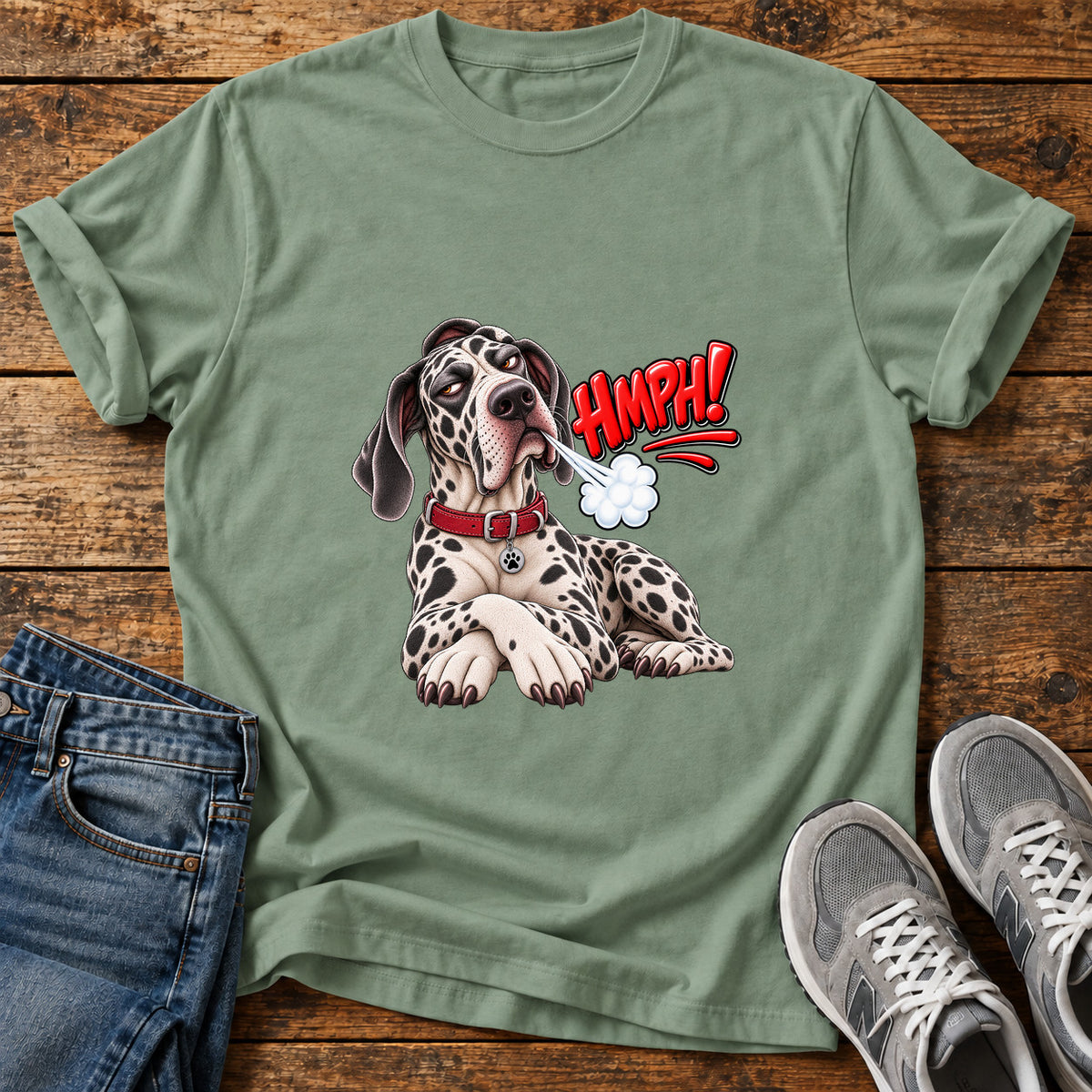 Hmph Pooch Great Dane graphic T-shirt in Sage, shown on a flat-lay shirt mockup