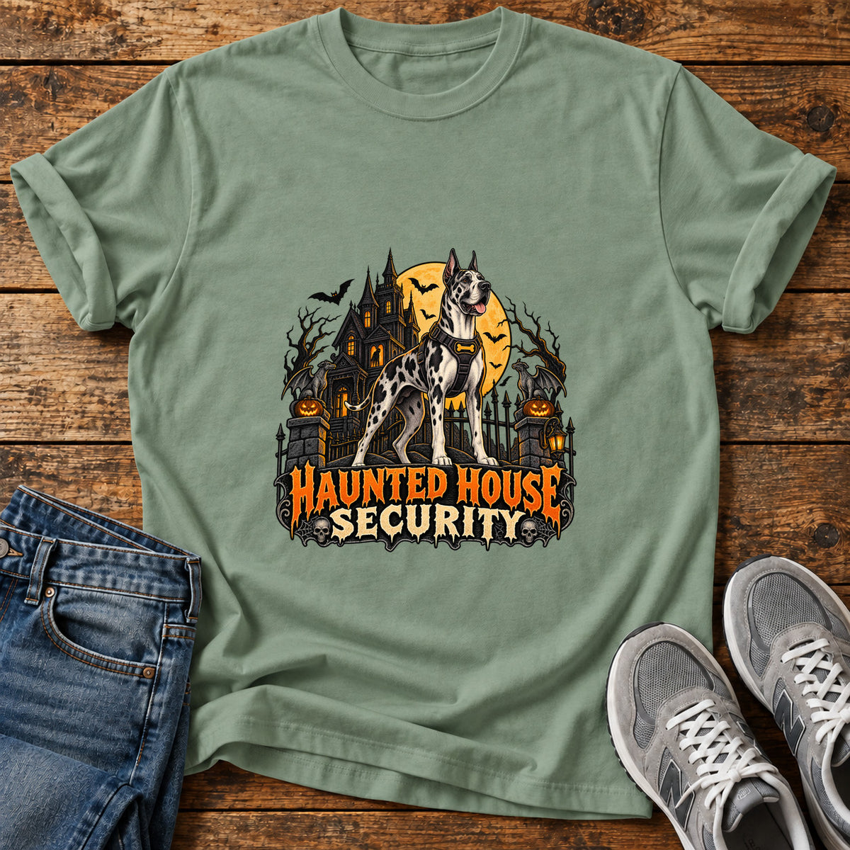 Haunted House Security Great Dane graphic T-shirt in Sage, shown on a flat-lay shirt mockup