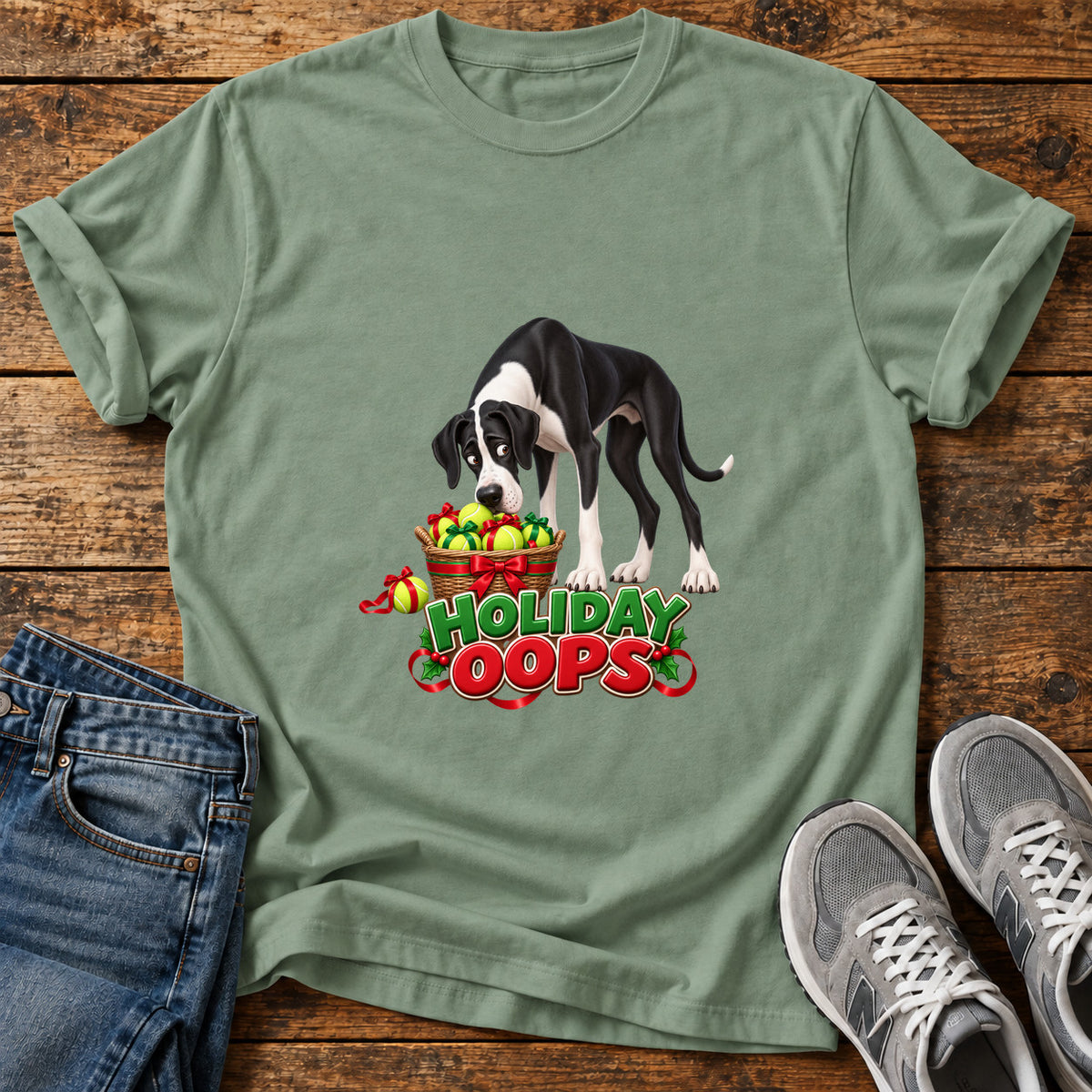 Holiday Oops Great Dane graphic T-shirt in Sage, shown on a flat-lay shirt mockup
