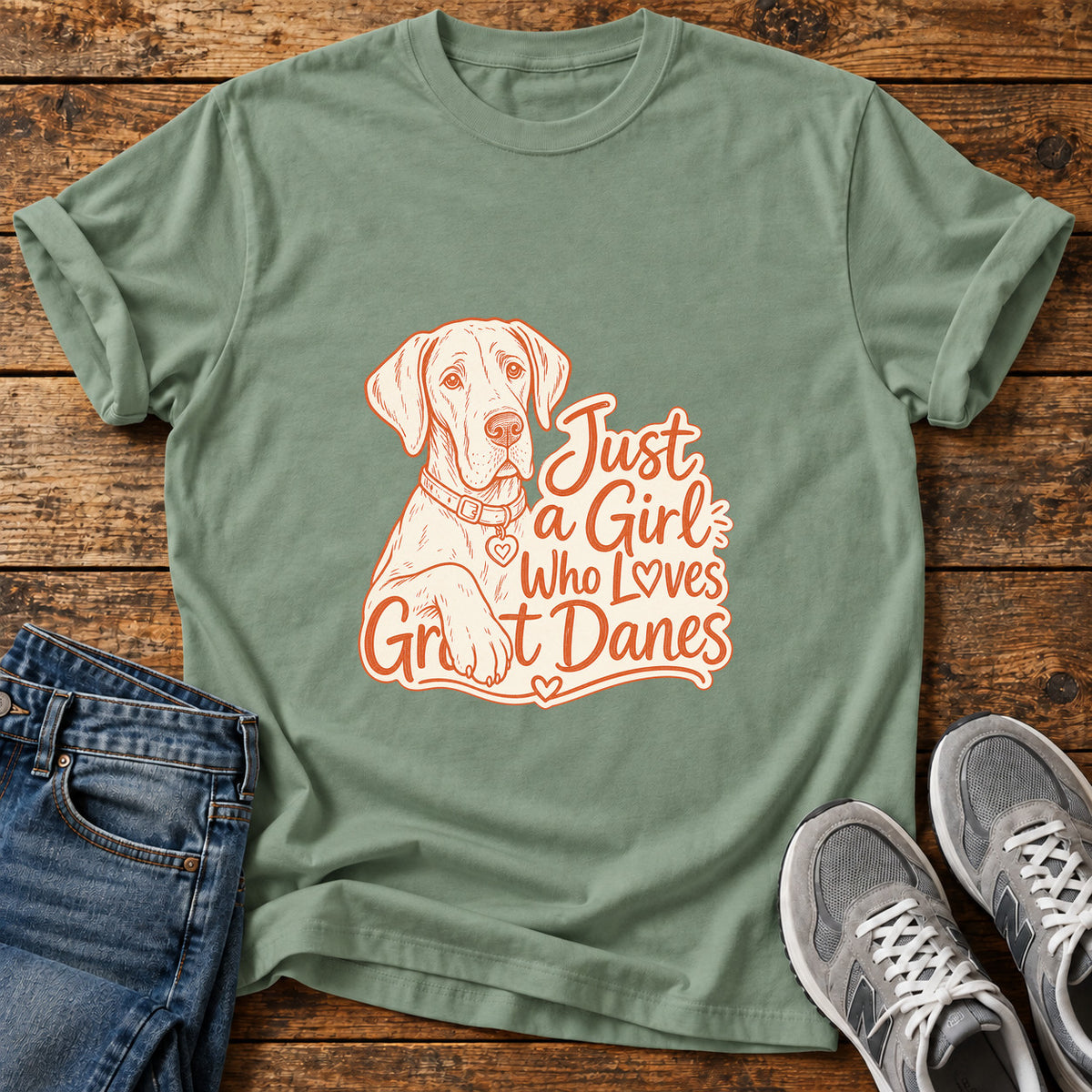 Great Dane Love graphic T-shirt in Sage, shown on a flat-lay shirt mockup