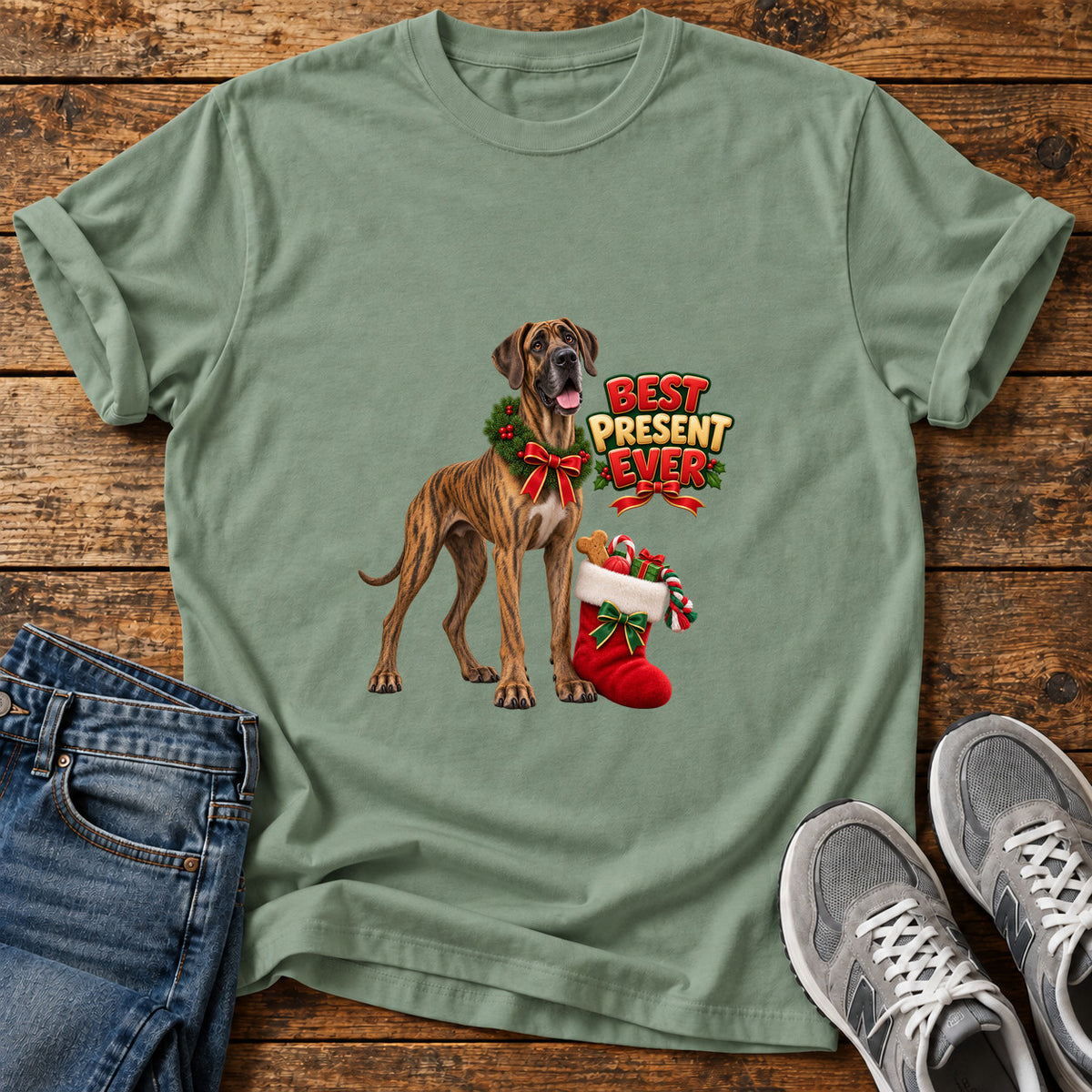 Best Present Ever Great Dane graphic T-shirt in Sage, shown on a flat-lay shirt mockup