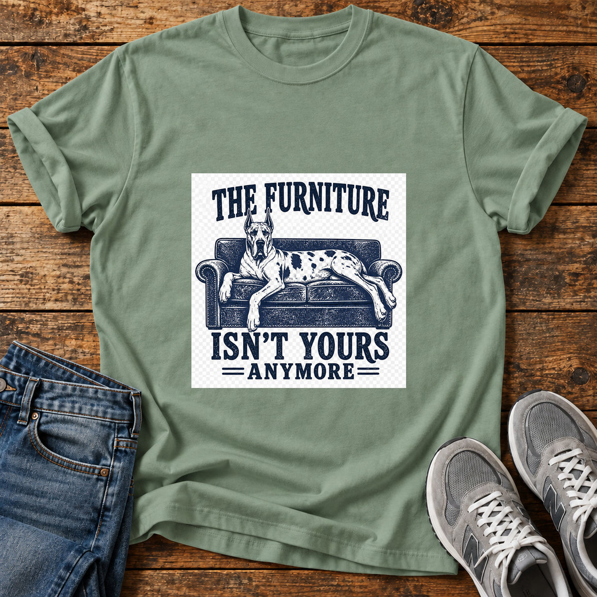 Furniture Takeover Great Dane graphic T-shirt in Sage, shown on a flat-lay shirt mockup