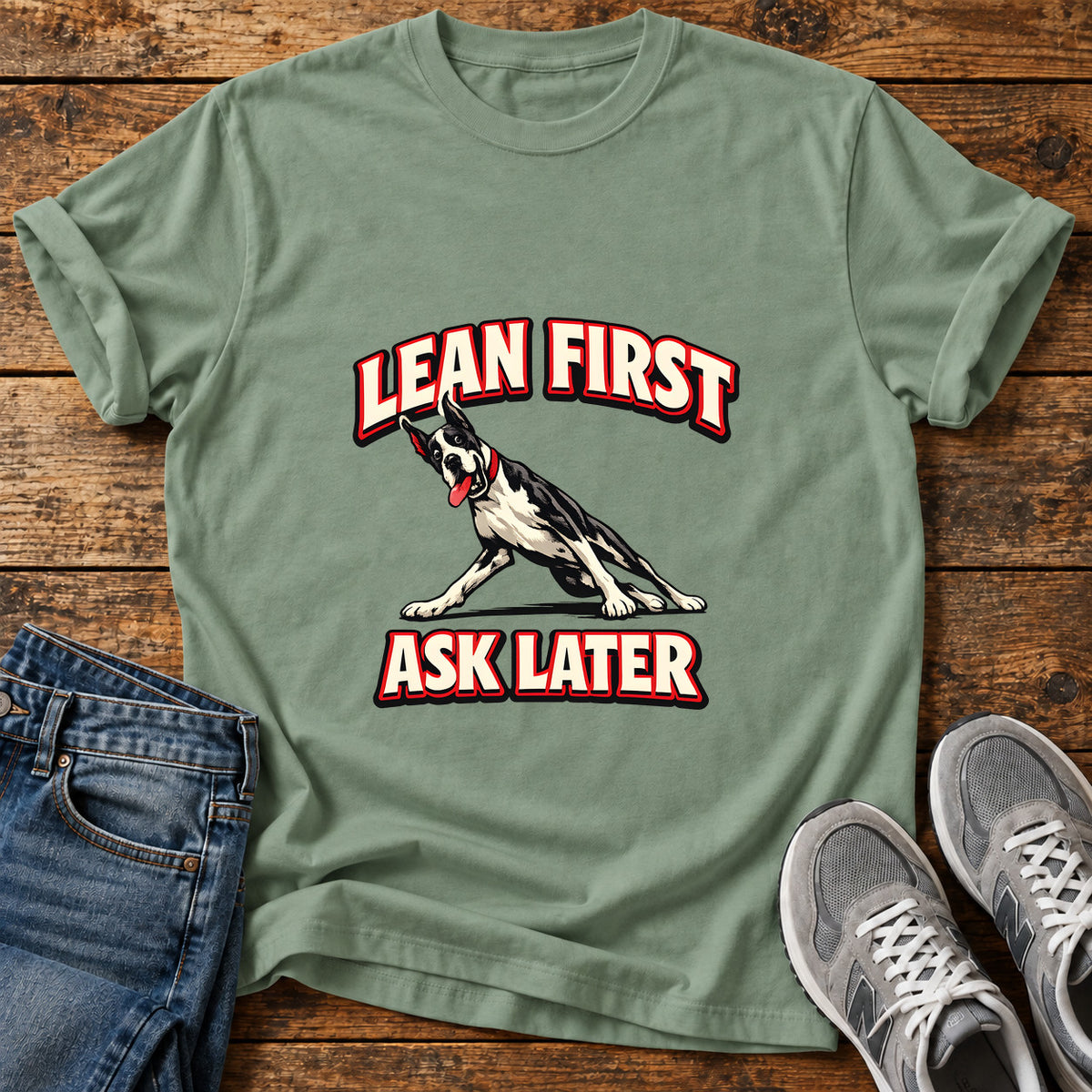 Lean First Great Dane graphic T-shirt in Sage, shown on a flat-lay shirt mockup