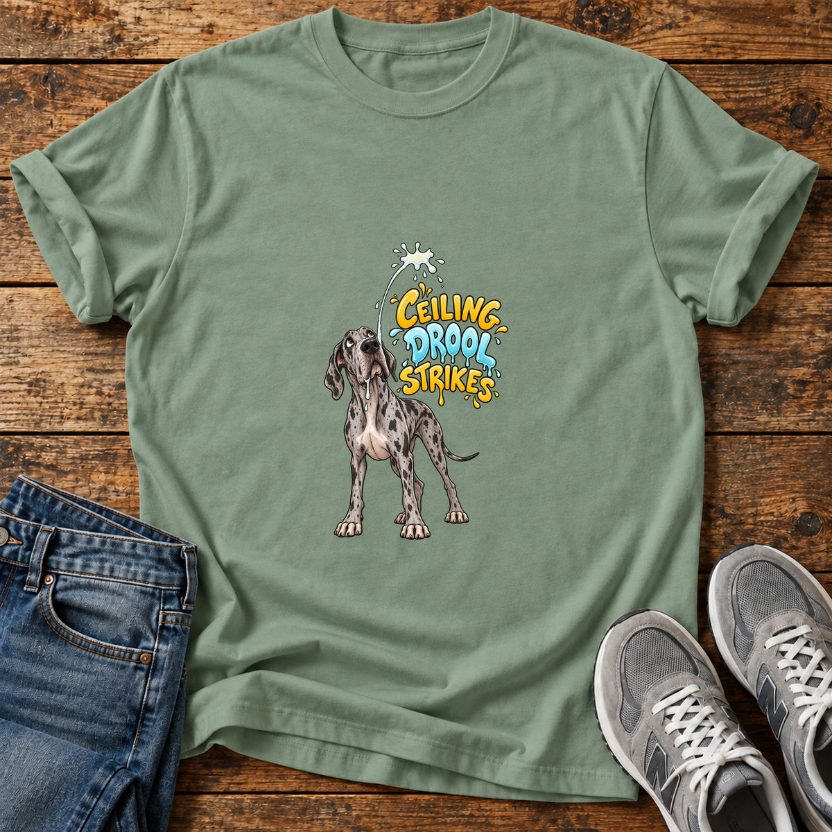 Ceiling Drool Strikes Great Dane graphic T-shirt in Sage, shown on a flat-lay shirt mockup