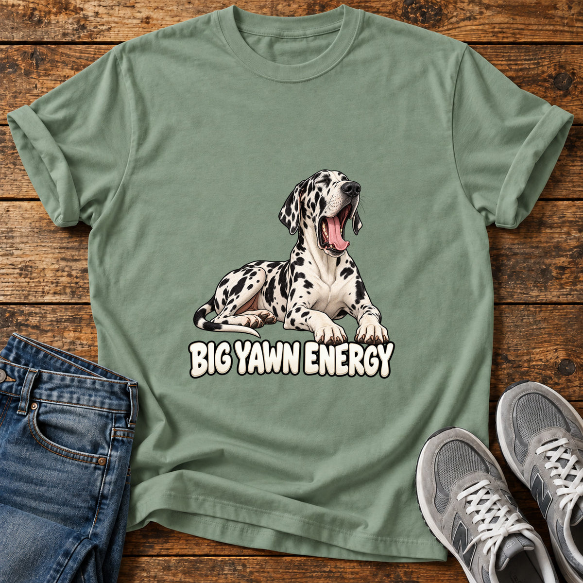 Big Yawn Energy Great Dane graphic T-shirt in Sage, shown on a flat-lay shirt mockup