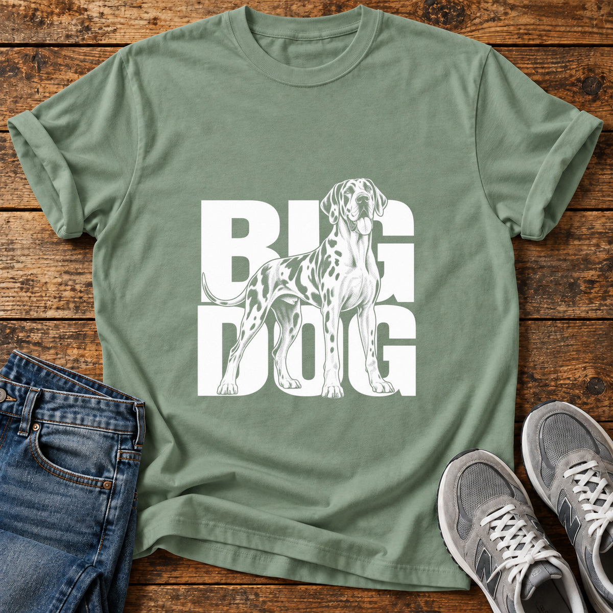 Big Dog Great Dane graphic T-shirt in Sage, shown on a flat-lay shirt mockup