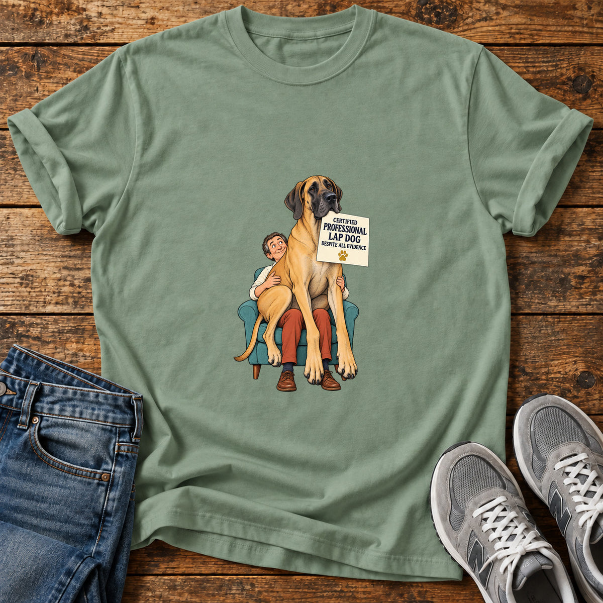 Professional Lap Dog Great Dane graphic T-shirt in Sage, shown on a flat-lay shirt mockup